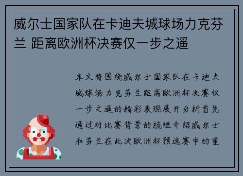 威尔士国家队在卡迪夫城球场力克芬兰 距离欧洲杯决赛仅一步之遥